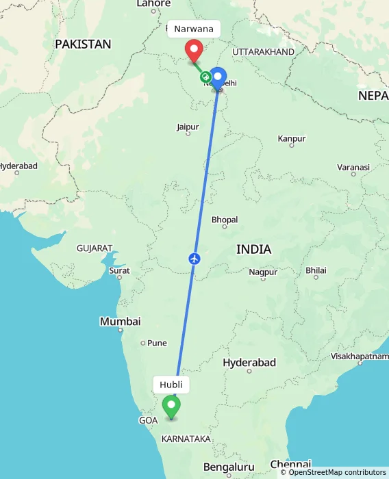 Route map showing distance and travel time from Hubli, India to Narwana, India