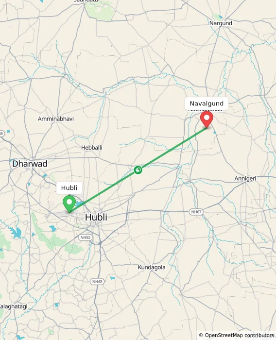 Route map showing distance and travel time from Hubli, India to Navalgund, India