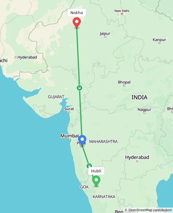 Route map showing distance and travel time from Hubli, India to Nokha, India