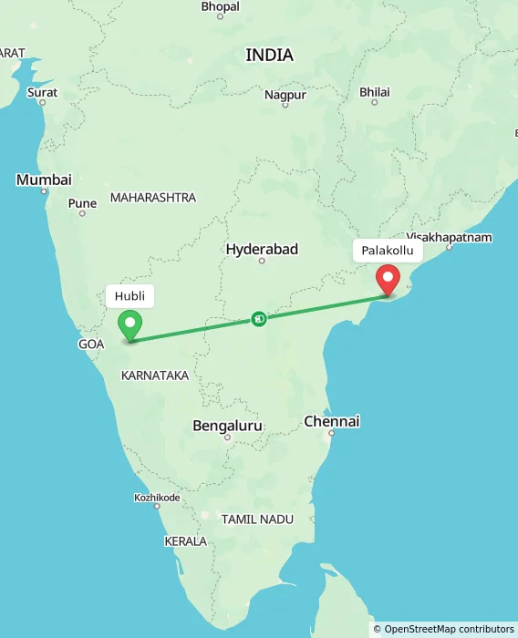 Route map showing distance and travel time from Hubli, India to Palakollu, India