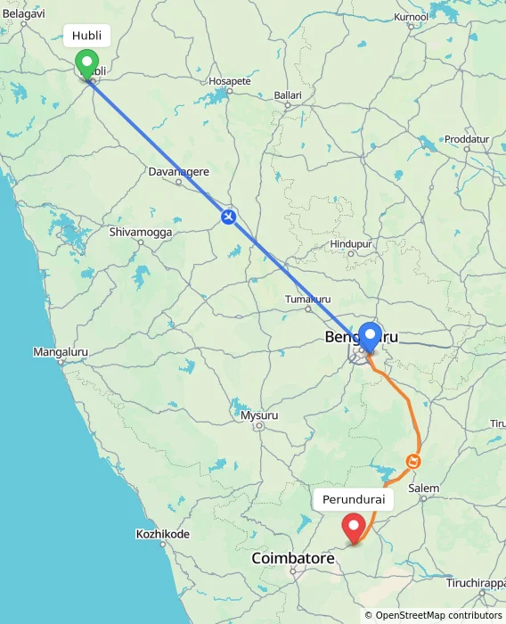 Route map showing distance and travel time from Hubli, India to Perundurai, India