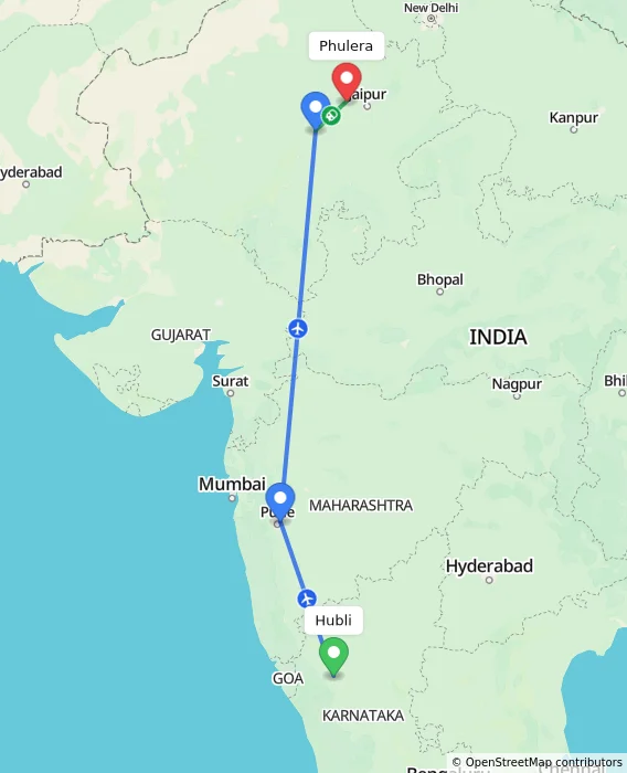 Route map showing distance and travel time from Hubli, India to Phulera, India