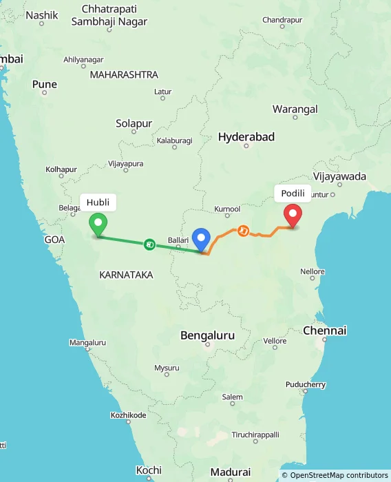 Route map showing distance and travel time from Hubli, India to Podili, India