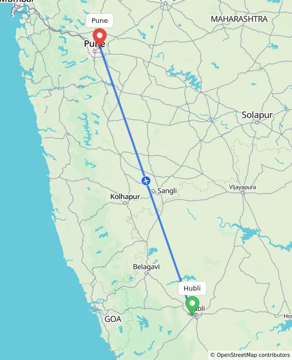 Route map showing distance and travel time from Hubli, India to Pune, India