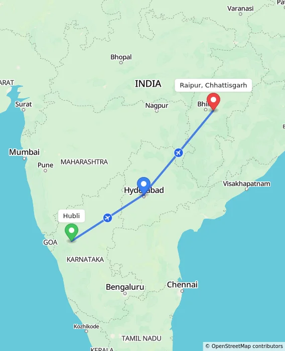 Route map showing distance and travel time from Hubli, India to Raipur, Chhattisgarh, India