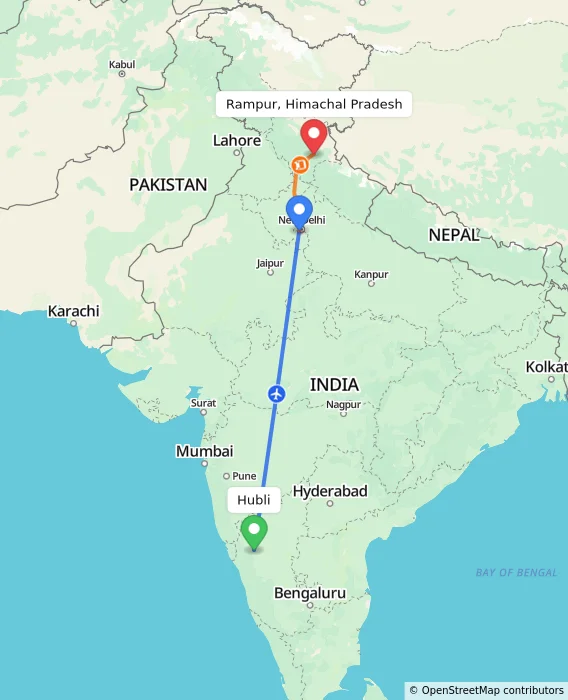 Route map showing distance and travel time from Hubli, India to Rampur, Himachal Pradesh, India