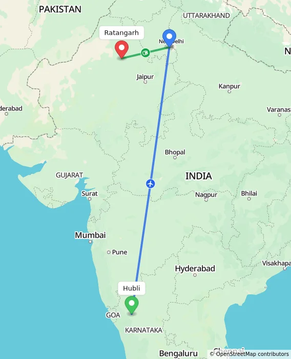 Route map showing distance and travel time from Hubli, India to Ratangarh, India