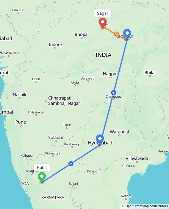 Route map showing distance and travel time from Hubli, India to Sagar, India