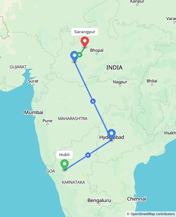 Route map showing distance and travel time from Hubli, India to Sarangpur, India