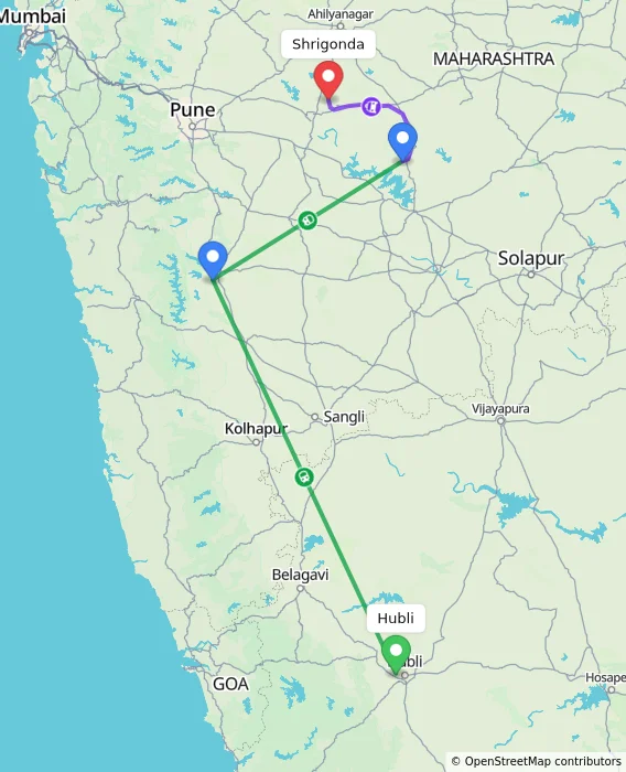 Route map showing distance and travel time from Hubli, India to Shrigonda, India