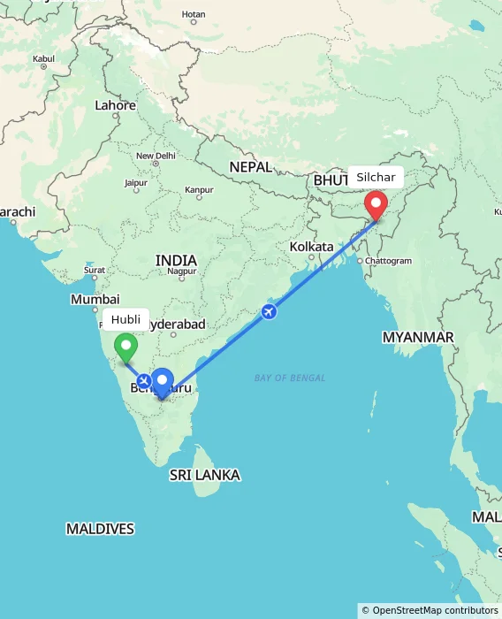 Route map showing distance and travel time from Hubli, India to Silchar, India