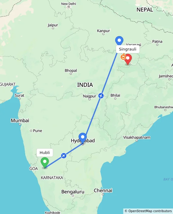 Route map showing distance and travel time from Hubli, India to Singrauli, India
