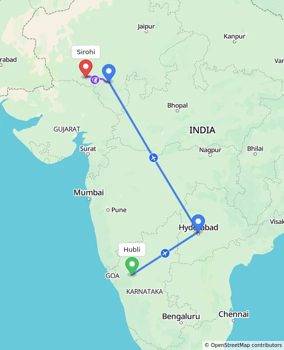 Route map showing distance and travel time from Hubli, India to Sirohi, India