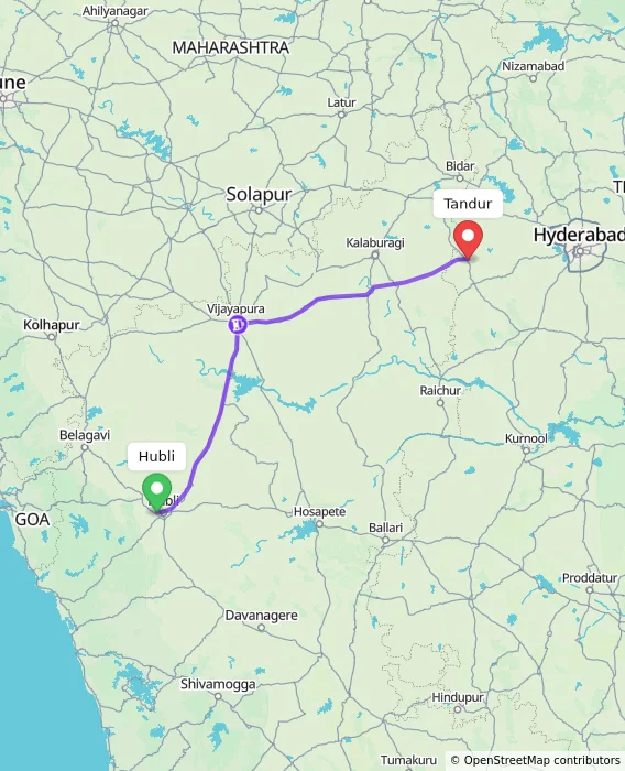 Route map showing distance and travel time from Hubli, India to Tandur, India