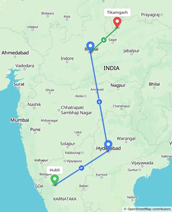 Route map showing distance and travel time from Hubli, India to Tikamgarh, India
