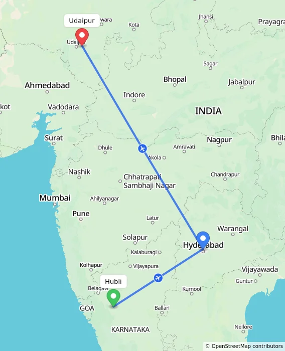Route map showing distance and travel time from Hubli, India to Udaipur, India