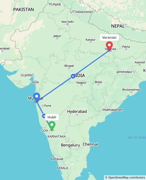 Route map showing distance and travel time from Hubli, India to Varanasi, India