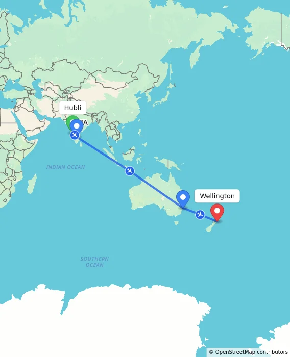 Route map showing distance and travel time from Hubli, India to Wellington, New Zealand