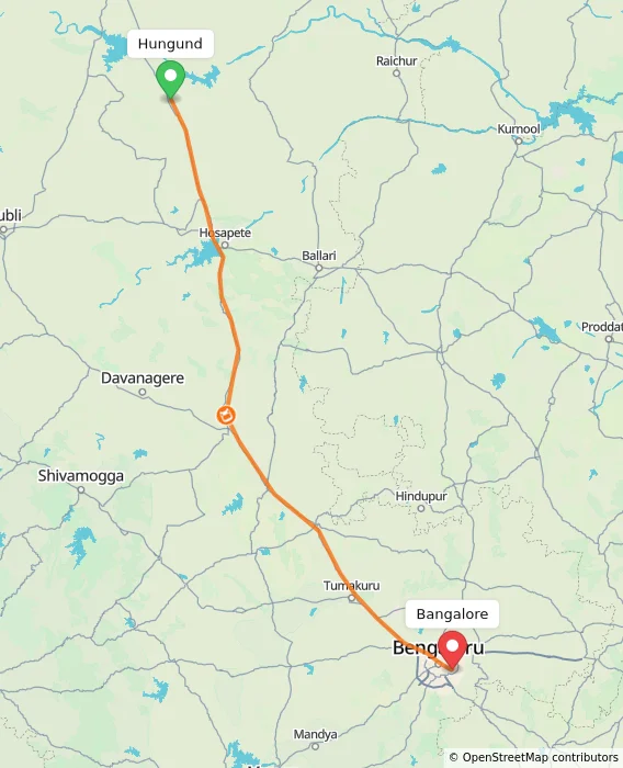 Route map showing distance and travel time from Hungund, India to Bangalore, India
