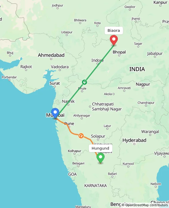 Route map showing distance and travel time from Hungund, India to Biaora, India