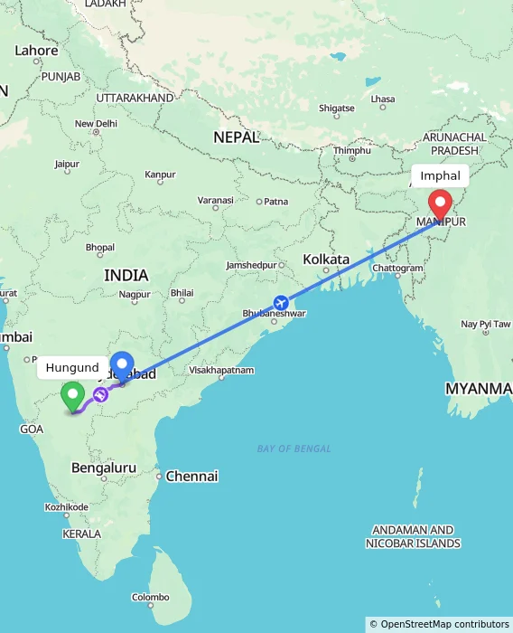 Route map showing distance and travel time from Hungund, India to Imphal, India
