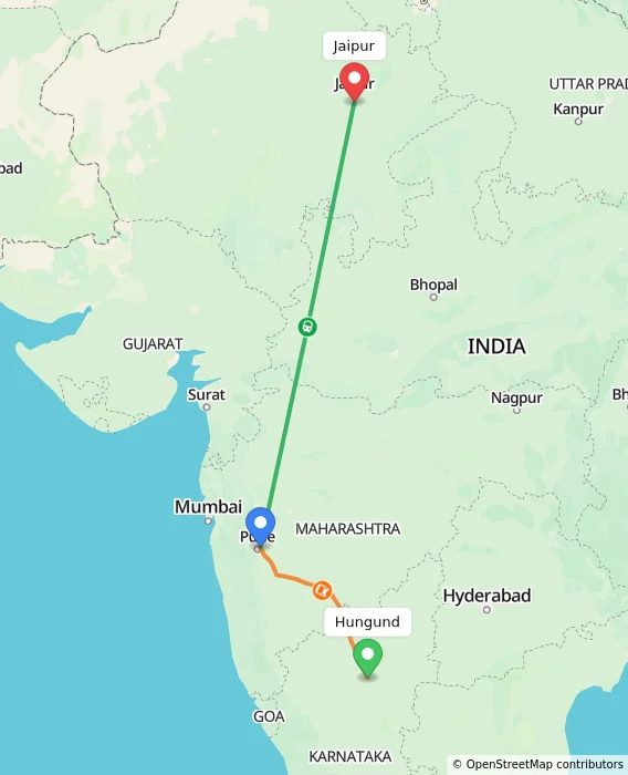 Route map showing distance and travel time from Hungund, India to Jaipur, India