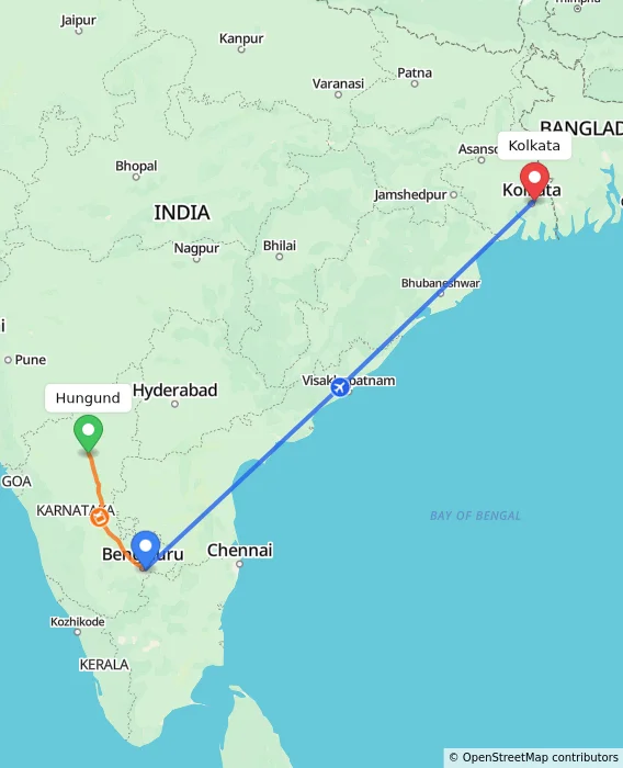 Route map showing distance and travel time from Hungund, India to Kolkata, India