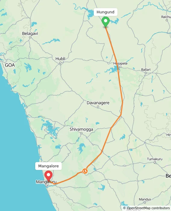 Route map showing distance and travel time from Hungund, India to Mangalore, India