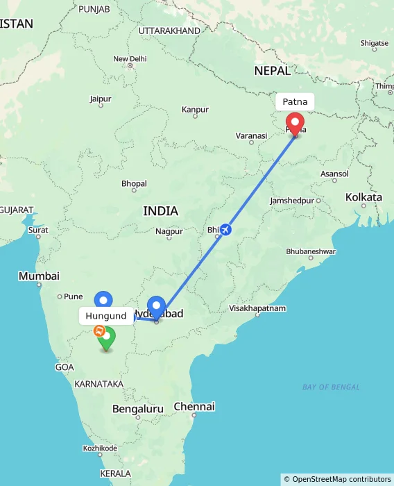 Route map showing distance and travel time from Hungund, India to Patna, India