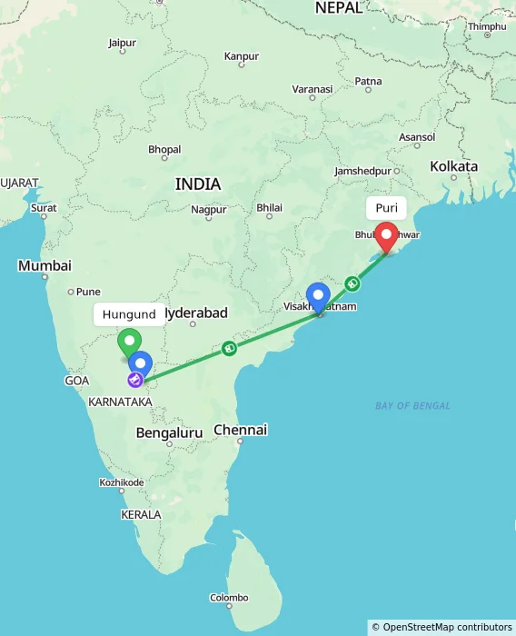 Route map showing distance and travel time from Hungund, India to Puri, India