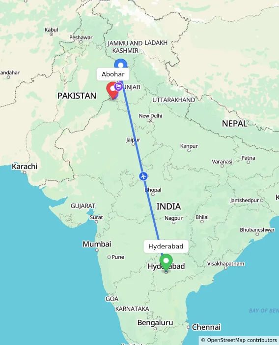 Route map showing distance and travel time from Hyderabad, India to Abohar, India