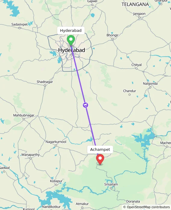 Route map showing distance and travel time from Hyderabad, India to Achampet, India