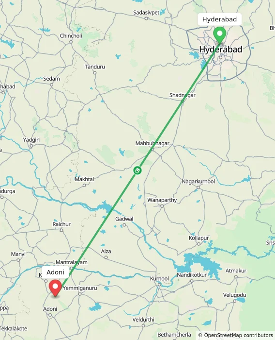 Route map showing distance and travel time from Hyderabad, India to Adoni, India