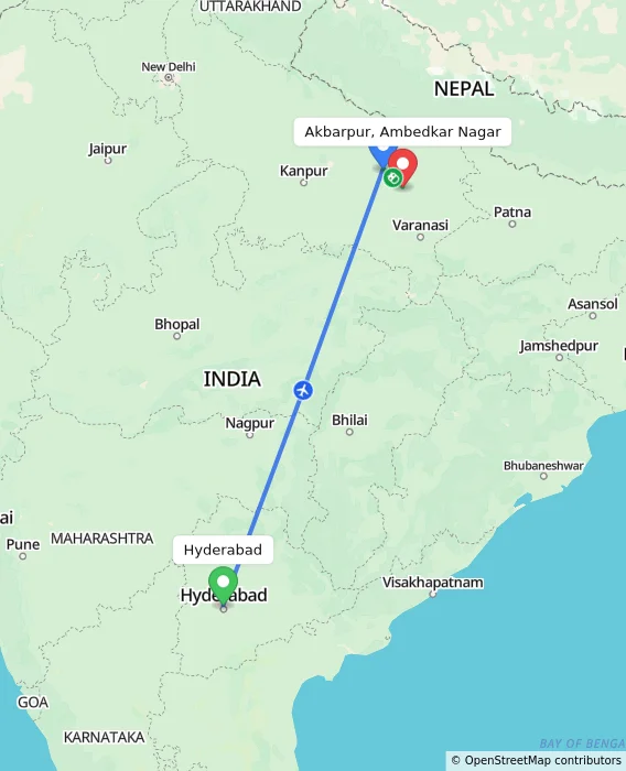 Route map showing distance and travel time from Hyderabad, India to Akbarpur, Ambedkar Nagar, India