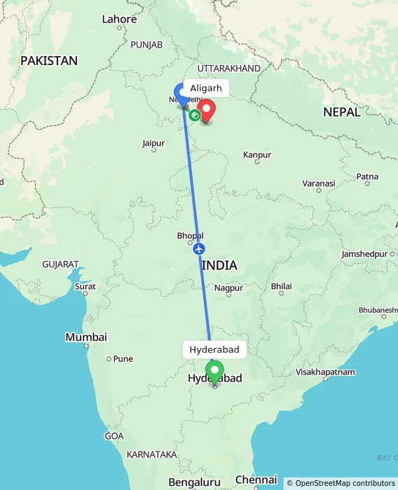 Route map showing distance and travel time from Hyderabad, India to Aligarh, India