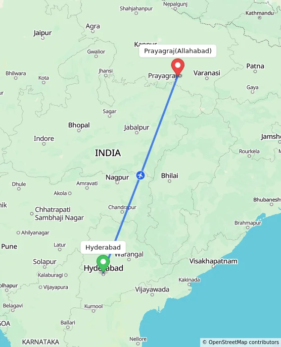 Route map showing distance and travel time from Hyderabad, India to Allahabad, India