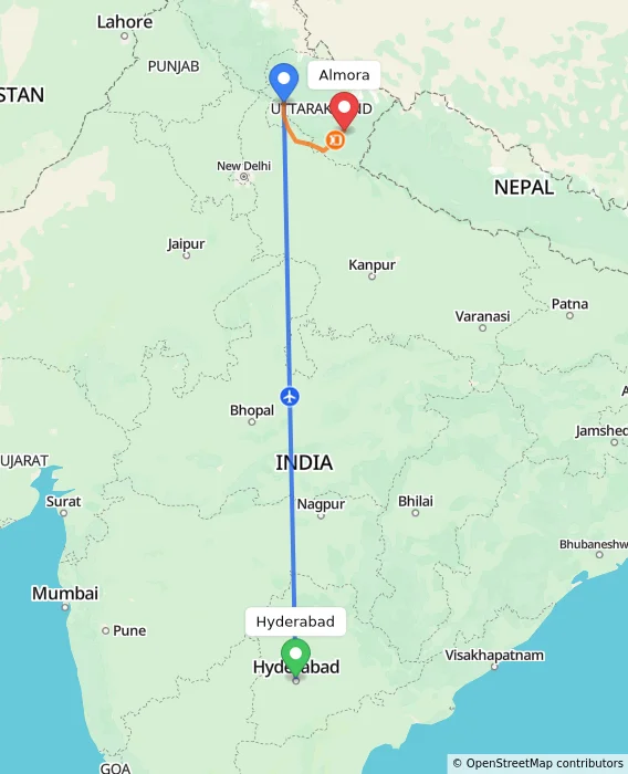 Route map showing distance and travel time from Hyderabad, India to Almora, India