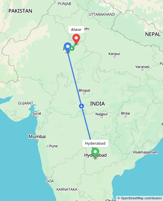 Route map showing distance and travel time from Hyderabad, India to Alwar, India