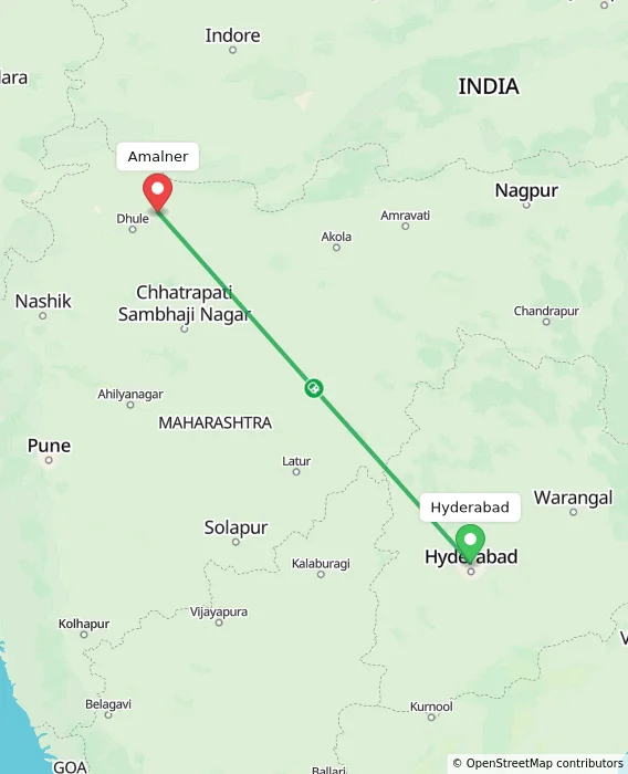 Route map showing distance and travel time from Hyderabad, India to Amalner, India