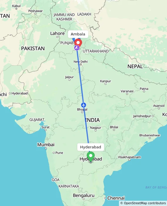 Route map showing distance and travel time from Hyderabad, India to Ambala, India