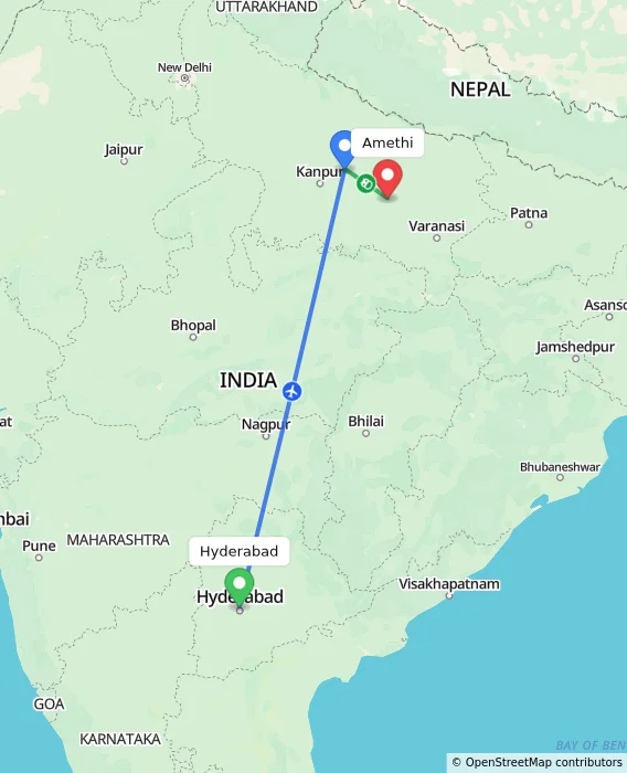 Route map showing distance and travel time from Hyderabad, India to Amethi, India