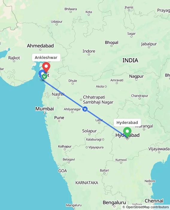 Route map showing distance and travel time from Hyderabad, India to Ankleshwar, India