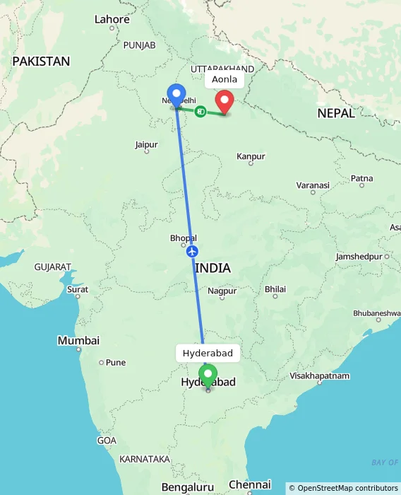 Route map showing distance and travel time from Hyderabad, India to Aonla, India