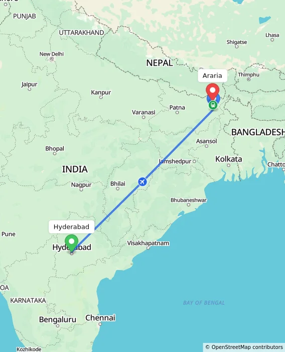Route map showing distance and travel time from Hyderabad, India to Araria, India