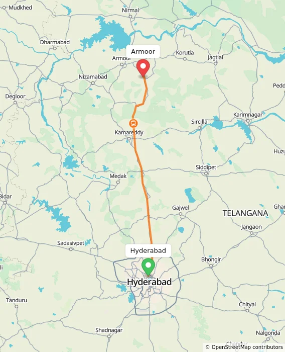 Route map showing distance and travel time from Hyderabad, India to Armoor, India