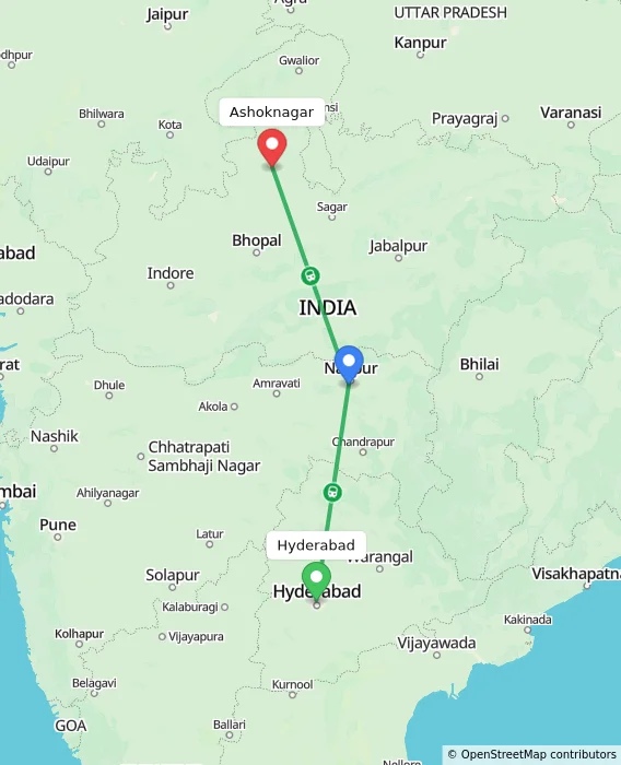 Route map showing distance and travel time from Hyderabad, India to Ashoknagar, India