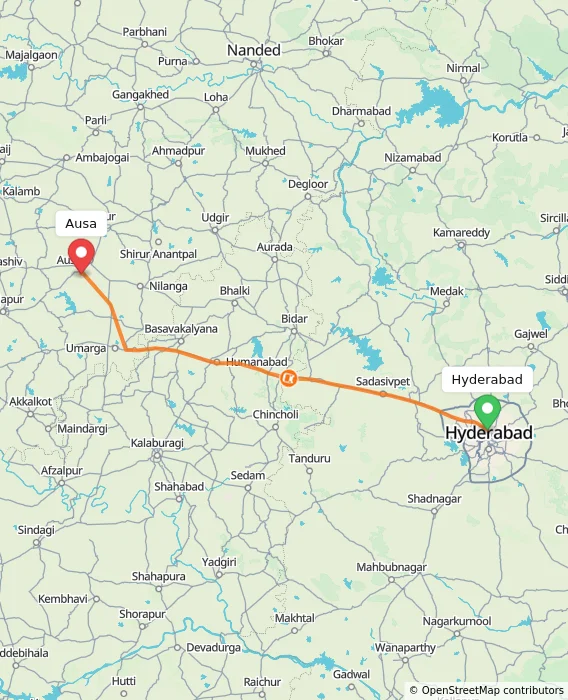 Route map showing distance and travel time from Hyderabad, India to Ausa, India