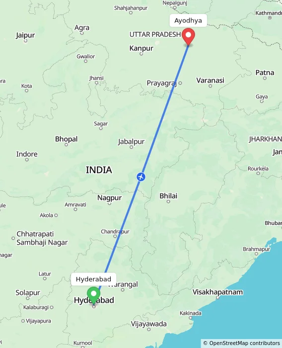 Route map showing distance and travel time from Hyderabad, India to Ayodhya, India