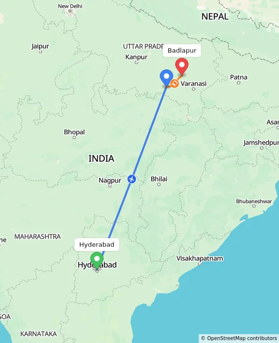 Route map showing distance and travel time from Hyderabad, India to Badlapur, India