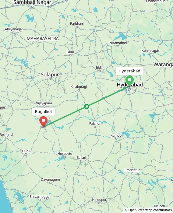 Route map showing distance and travel time from Hyderabad, India to Bagalkot, India